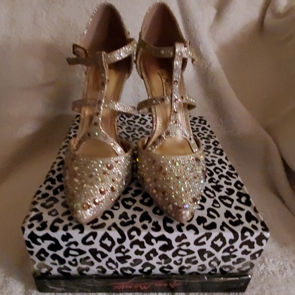 Anne Michelle Shoes Gold Glitter High Heels With Rhinestones Poshmark